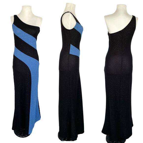 Vintage Water Signs Blue Black One Shoulder Sparkly Formal Maxi Dress Gown M - Picture 15 of 16